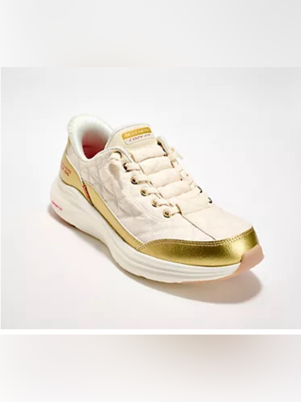 Skechers slip ons Women's Cream and Gold Metallic Trim Sneaker. 7.5